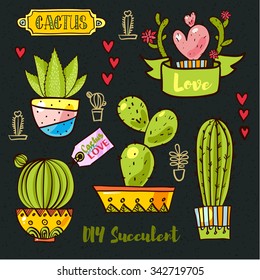 Cacti and succulents in pots. Tags and labels. In the hand drawn style. Set for scrapbooking, decal, stickers