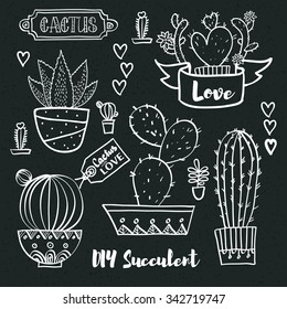 Cacti and succulents in pots. Tags and labels. In the hand drawn style. Set for scrapbooking, decal, stickers