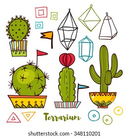 Cacti and succulents in pots. Tags and labels. In the hand drawn style. Set for scrapbooking, decal, stickers