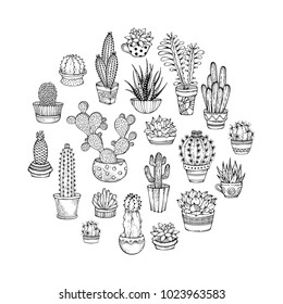 Cacti and succulents round doodles illustration. Home plants in pots and cups. A variety of outlined cactuses and succulents with flowers, spines and without. Can be used to colouring book for adults.