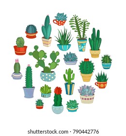 Cacti and succulents round vector illustration. A variety of decorative cactus in flower pots and cups. Some of them are with prickles or flowers.