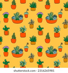 cacti and succulents seamless color linear vector pattern 