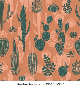 Cacti and succulents seamless pattern. Vector shapes on orange background. Exotic flora texture with cartoon color icons for design.