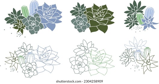 Cacti and succulents. Set of vector illustrations. Line art.