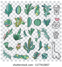 Cacti and succulents vector collection set. Exotic and desert plants. Cute dinosaur, coffee cup, kitty cat and cupcake doodles.