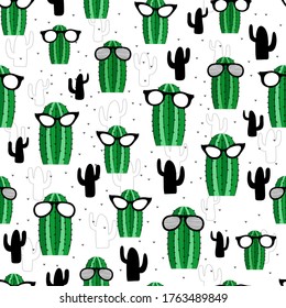 Cacti with sunglasses seamless pattern. Hand drawn textured decorative illustration. Vector succulents. Vector seamless pattern for stylish fabric design, paper, web.
