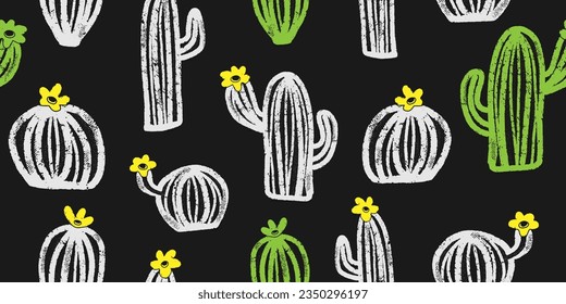Cacti Texture Line Art. Vector seamless pattern.