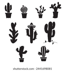 Cacti of various shapes and sizes in pots and desert on the ground. Vector set of silhouettes