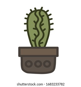 Cacti vector drawings. Cactus in a flower pot. They are with spikes and flowers. Home flowers. Color simple vector illustration.