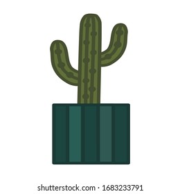 Cacti vector drawings. Cactus in a flower pot. They are with spikes and flowers. Home flowers. Color simple vector illustration.