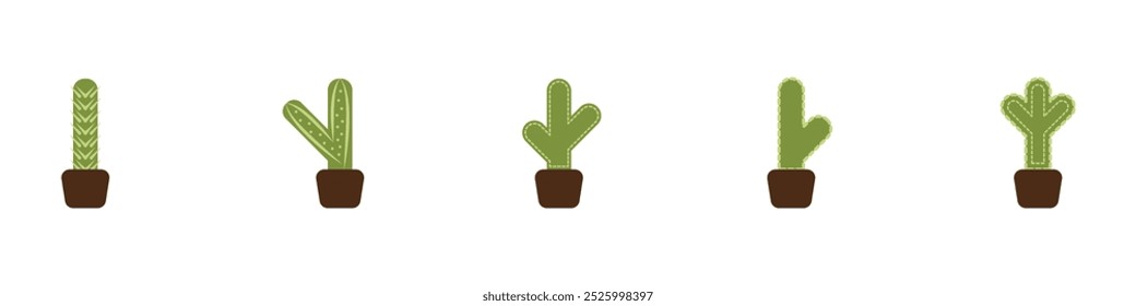 Cacti vector icons set. Cute green cacti succulents. Exotic decorative plant. Small cacti in pots set. Plant with thorns vector. Green desert plants.