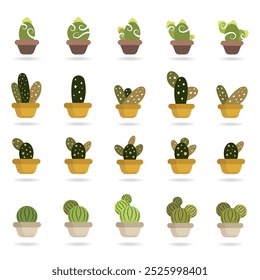 Cacti vector icons set. Cute green cacti succulents. Exotic decorative plant. Small cacti in pots set. Plant with thorns vector. Green desert plants.