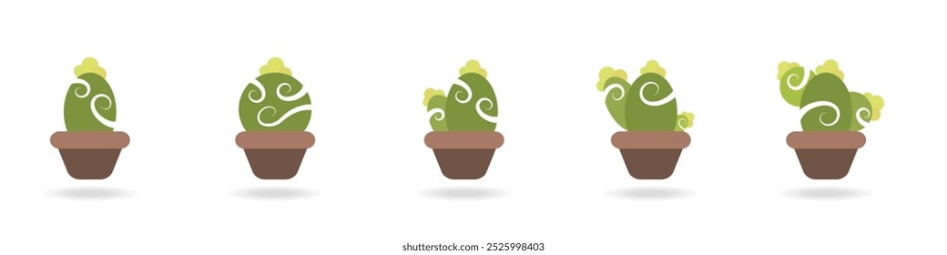 Cacti vector icons set. Cute green cacti succulents. Exotic decorative plant. Small cacti in pots set. Plant with thorns vector. Green desert plants.