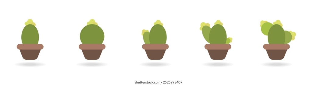 Cacti vector icons set. Cute green cacti succulents. Exotic decorative plant. Small cacti in pots set. Plant with thorns vector. Green desert plants.