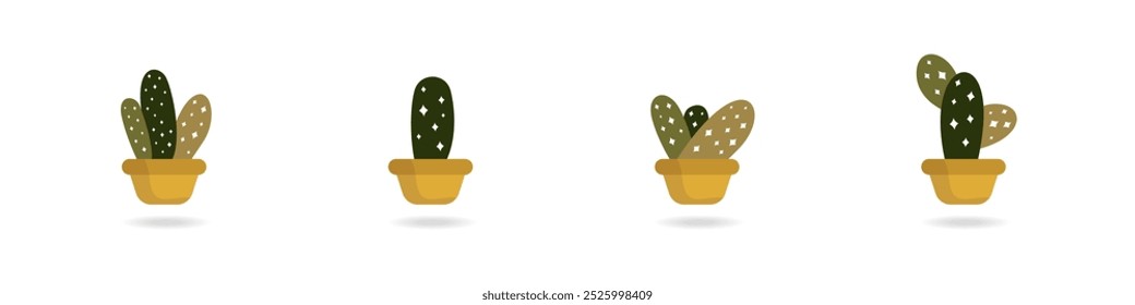 Cacti vector icons set. Cute green cacti succulents. Exotic decorative plant. Small cacti in pots set. Plant with thorns vector. Green desert plants.