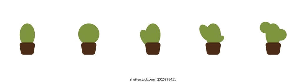 Cacti vector icons set. Cute green cacti succulents. Exotic decorative plant. Small cacti in pots set. Plant with thorns vector. Green desert plants.