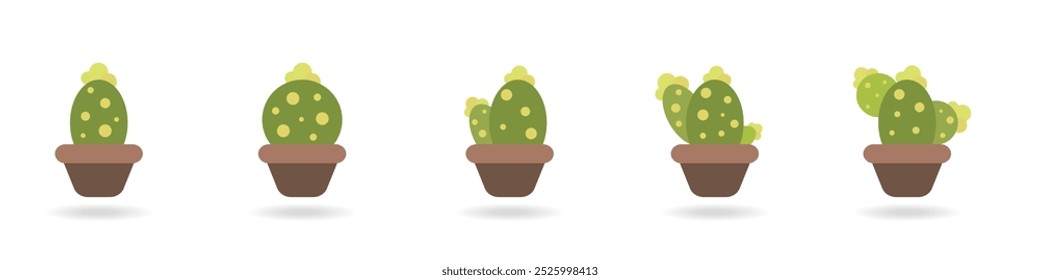 Cacti vector icons set. Cute green cacti succulents. Exotic decorative plant. Small cacti in pots set. Plant with thorns vector. Green desert plants.