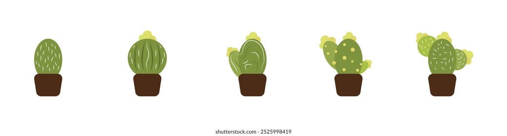 Cacti vector icons set. Cute green cacti succulents. Exotic decorative plant. Small cacti in pots set. Plant with thorns vector. Green desert plants.