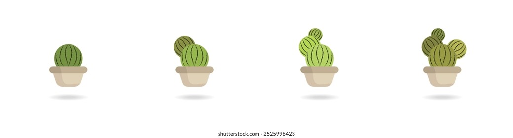 Cacti vector icons set. Cute green cacti succulents. Exotic decorative plant. Small cacti in pots set. Plant with thorns vector. Green desert plants.