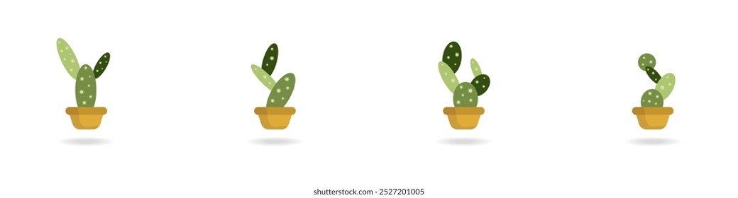 Ícones de vetor de cactos definidos. Cactos verdes bonitos suculentos. Planta decorativa exótica. Cactos pequenos em potes. Planta com vetor espinhos. Plantas verdes do deserto.