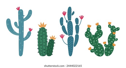 Cacti vector set. Saguaro with long green stem, prickly pear, spiny cereus. Blooming succulents with colorful flowers. Houseplant or desert cactus. Plant of America, Mexico. Hand drawn doodles clipart