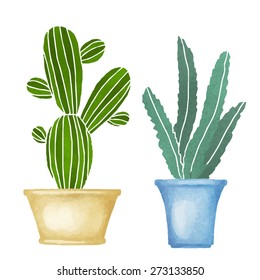 Cacti watercolor set, succulents, home flowers, houseplants in flowerpots, blossoms isolated on white background