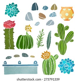 Cacti watercolor set, succulents, home flowers, houseplants, flowerpots, stones isolated on white background