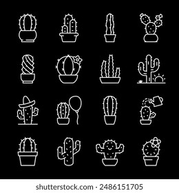 Cacti, white line icons. Various shapes of cacti, including those with flowers and in pots. Ideal for botanical and desert themes. Symbols on black background. Editable stroke.