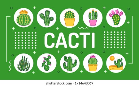 Cacti word lettering typography. Infographics with linear icons on green background. Creative idea concept. Isolated outline color illustration.