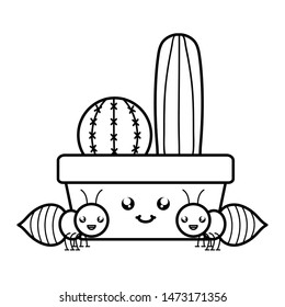 cactu in ceramic pot and ants kawaii style