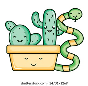 cactu in ceramic pot and snake kawaii style