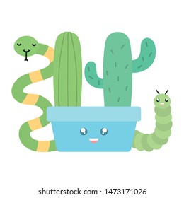 cactu in ceramic pot and snake and worm kawaii style