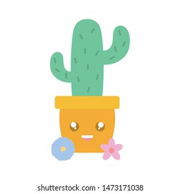 cactu and flowers in ceramic pot kawaii