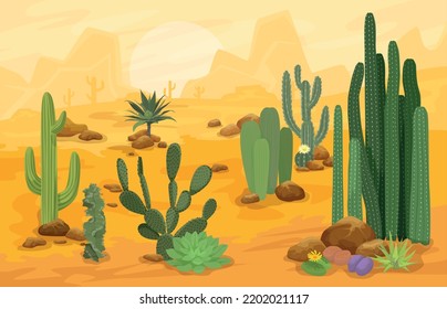 Cactuces cartoon landscape composition different varieties of cacti growing in the desert against a view of mountains and canyon vector illustration