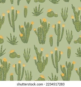 Cactus abstract ornament. Exotic desert cacti, wild plants, prickly succulents in flat style. Bright botanical vector seamless pattern.