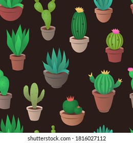 Cactus, agave, succulent and other plants seamless vector pattern.
