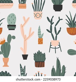 Cactus, aloe and succulents seamless pattern. Cute colorful hand drawn flat style vector. Desert plants, tropical home flowers. Botany, floral texture for textile, fabric. Urban jungle home plants 