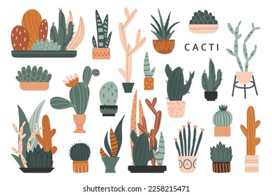 Cactus, aloe and succulents set. Cute colorful hand drawn flat style illustration. Desert plants, tropical home flowers. Botany, floral vector isolated on white. Urban jungle home plants concept