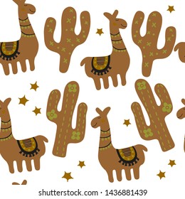 Cactus and alpaca, paka mexico texture. Hand drawn kids illustration. Brown multicolor seamless pattern for fabric, textile, wrapping, apparel isolated on white background.