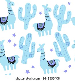 Cactus and alpaca, paka mexico texture. Hand drawn kids illustration. Blue stylish seamless pattern for fabric, textile, wrapping, apparel isolated on white background.