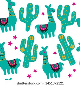 Cactus and alpaca, paka mexico texture. Hand drawn kids illustration. Green trendy seamless pattern for fabric, textile, wrapping, apparel isolated on white background.