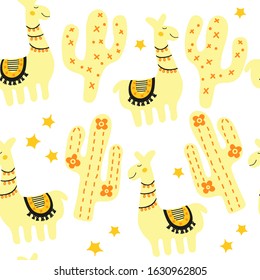 Cactus and alpaca, paka mexico texture. Hand drawn kids illustration. Pastel color bright seamless pattern for fabric, textile, wrapping, apparel isolated on white background.