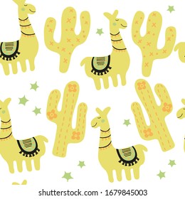 Cactus and alpaca, paka mexico texture. Hand drawn kids illustration. Pastel color colorful seamless pattern for fabric, textile, wrapping, apparel isolated on white background.