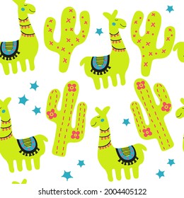 Cactus and alpaca, paka mexico texture. Hand drawn kids illustration. Yellow creative seamless pattern for fabric, textile, wrapping, apparel isolated on white background.