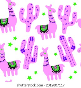 Cactus and alpaca, paka mexico texture. Hand drawn kids illustration. Pink girly seamless pattern for fabric, textile, wrapping, apparel isolated on white background.