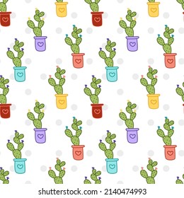 Cactus Angel wing. Seamless pattern.  Cute cacti with little flowers plants in garden pots in cartoon style. Cactuses. Houseplant. Isolated vector stock illustration EPS 10