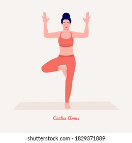 
Cactus Arms. Young woman practicing Yoga pose. Woman workout fitness, aerobic and exercises. Vector Illustration.