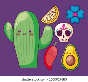 cactus with avocado and set icons kawaii character