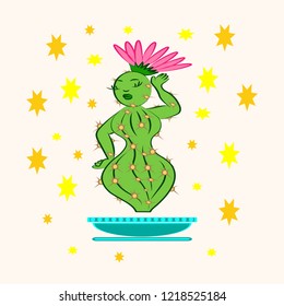 Cactus babe posing languidly closing her eyes. Golden stars fly around her.