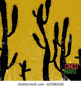 Cactus background. Cinco de Mayo holiday card. Grunge monochrome background. 